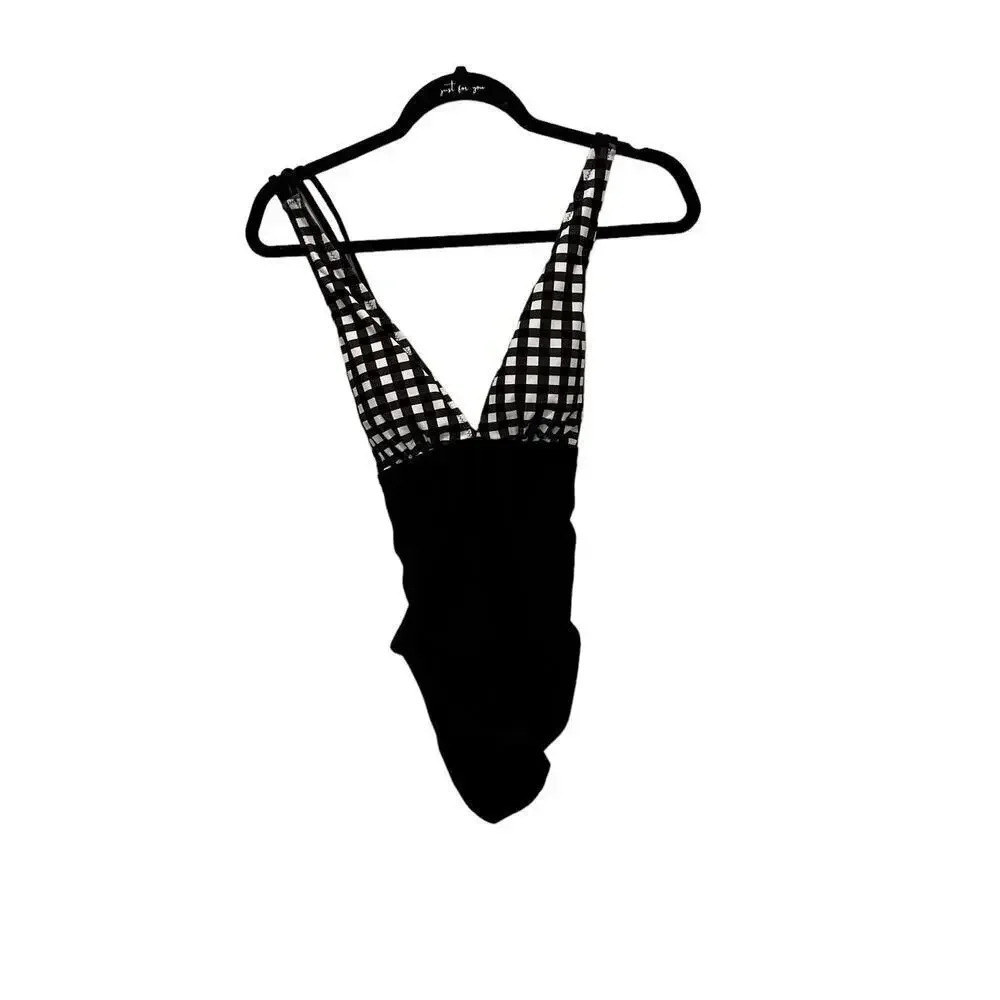 NWT Cupshe Womens Black & White Gingham Ruching One Piece Swimsuit Size M